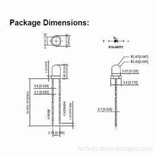 3mm Amber LED Diode 605nm, with Water Clear Lens, 1,000mcd, 30° Viewing Angle